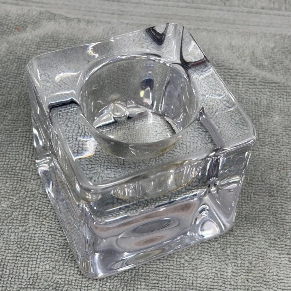 Orrefors Sweden Crystal Cube Votive Candle‎ Holder Signed Clear Art Glass Heavy